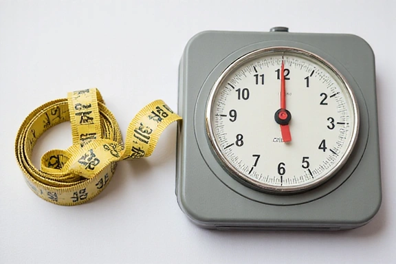 Egy mérleg és egy törött mérőszalag, ami a fogyással kapcsolatos mítoszokat jelképezi.