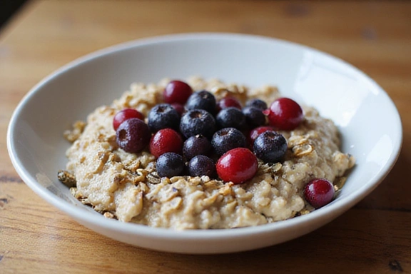 Vonzó és egészséges reggeli, például zabkása bogyós gyümölcsökkel és magvakkal.
