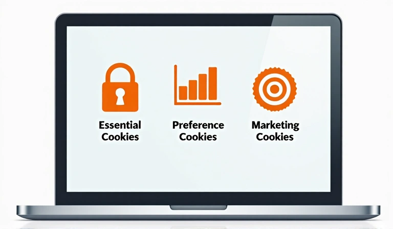 Laptop kijelzőjén megjelenő különböző típusú sütik ikonjai: egy lakat a szükséges sütikhez, egy fogaskerék a preferenciákhoz, egy diagram a statisztikákhoz és egy célkereszt a marketinghez.