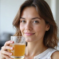 Nyugodt ember, kezében egy pohár vízzel, mosolyogva