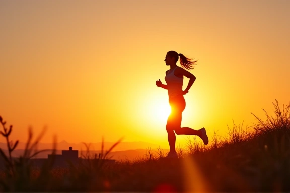 Egy futó nő naplementében, ami a mozgás és az egészséges életmód fontosságát hangsúlyozza.