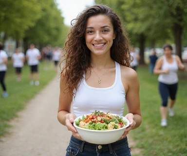 Happy person enjoying healthy food and exercise
